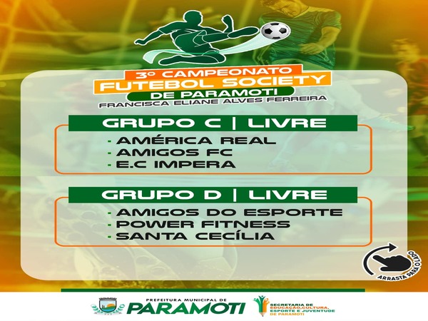 CONHEÇA OS GRUPOS DO 3º CAMPEONATO DE FUTEBOL SOCIETY DE PARAMOTI - FRANCISCA ELIANE ALVES FERREIRA
