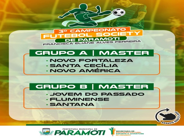 CONHEÇA OS GRUPOS DO 3º CAMPEONATO DE FUTEBOL SOCIETY DE PARAMOTI - FRANCISCA ELIANE ALVES FERREIRA
